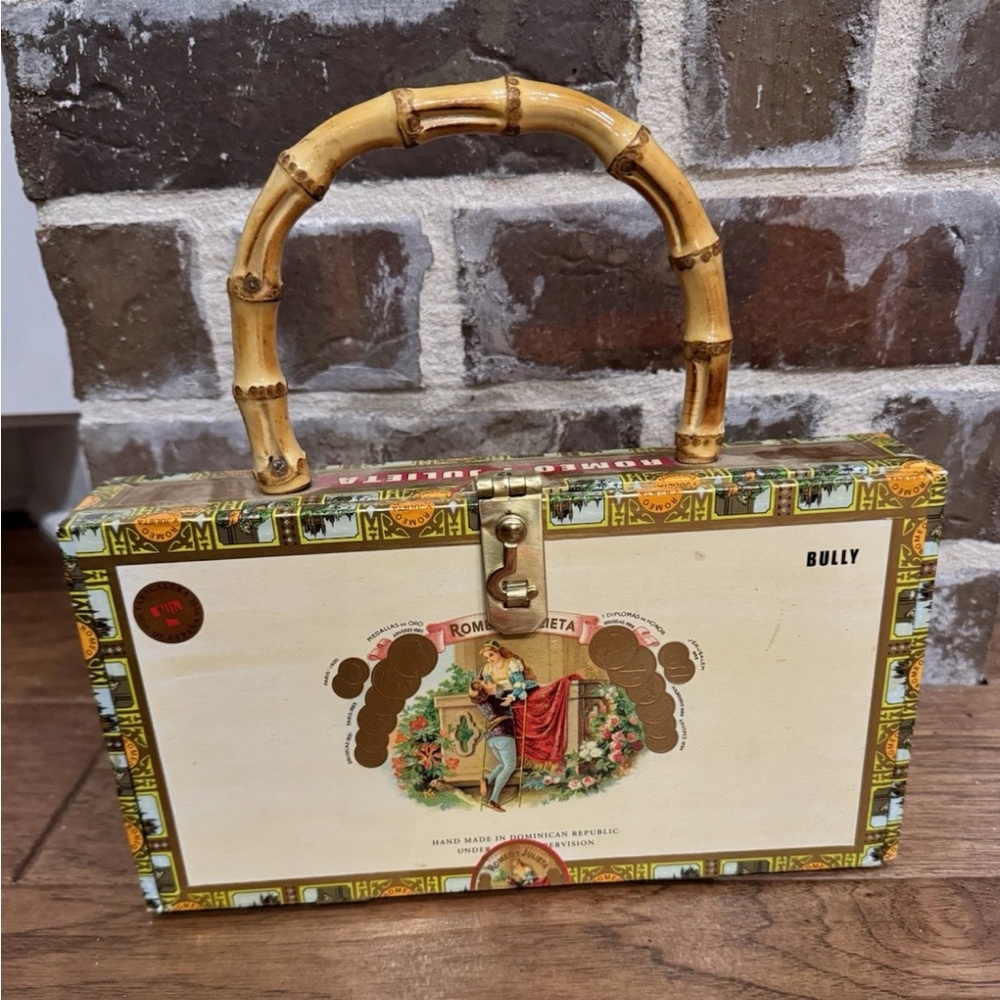 Cream and Brown Tote with Bamboo Handles and Gold Accents